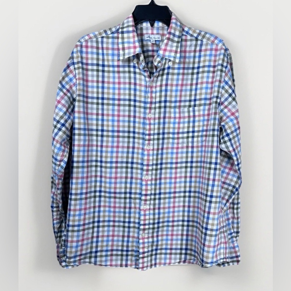 Peter Millar Mens Large Button Down Shirt Plaid 100% Cotton Casual Business